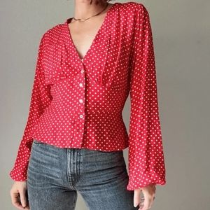 NWT XS Free People Love Street Polka Dot Top Long Sleeves Buttons Red and White